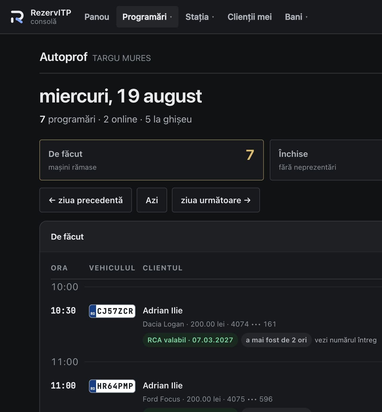 Ziua unei stații ITP cu opt programări, situația zilei și următoarea mașină