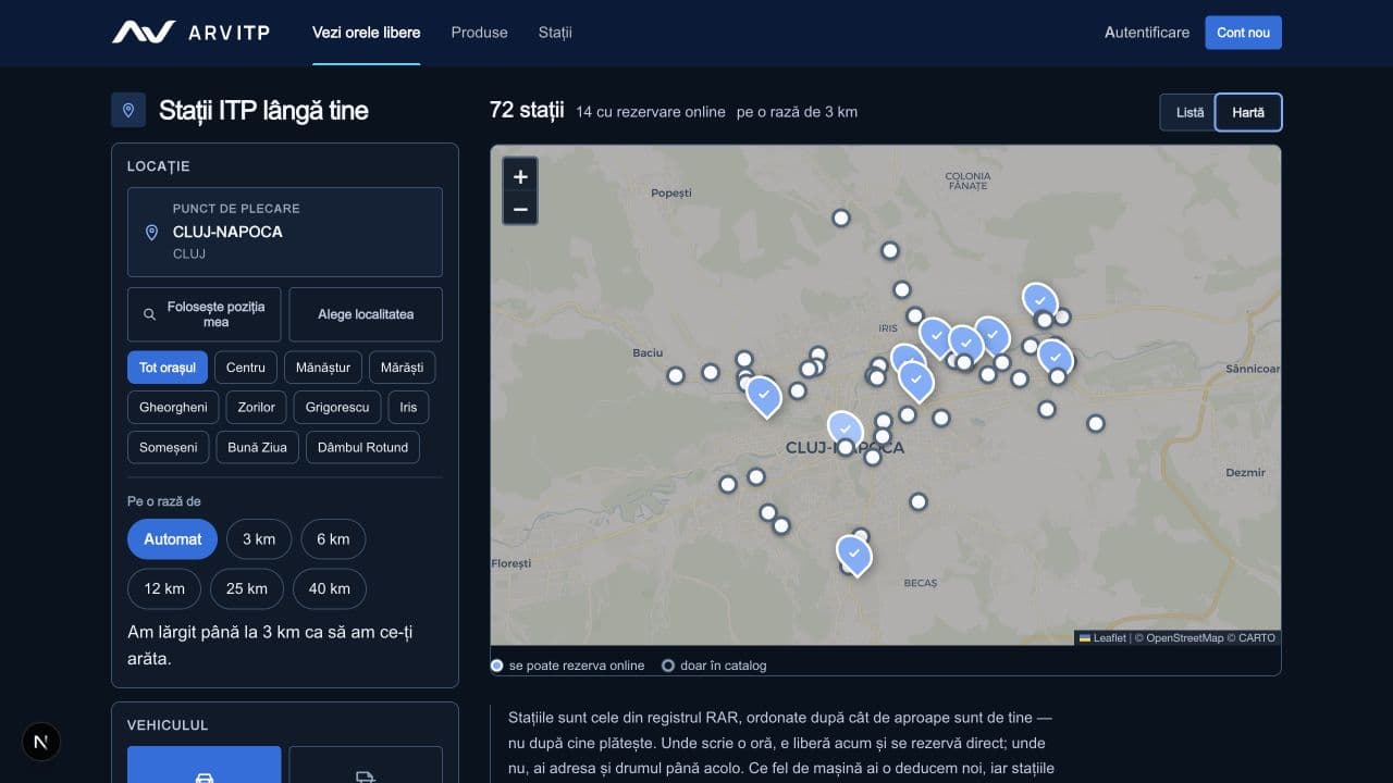 Hartă ArvITP cu stațiile ITP din Cluj-Napoca, diferențiate după disponibilitatea rezervării online