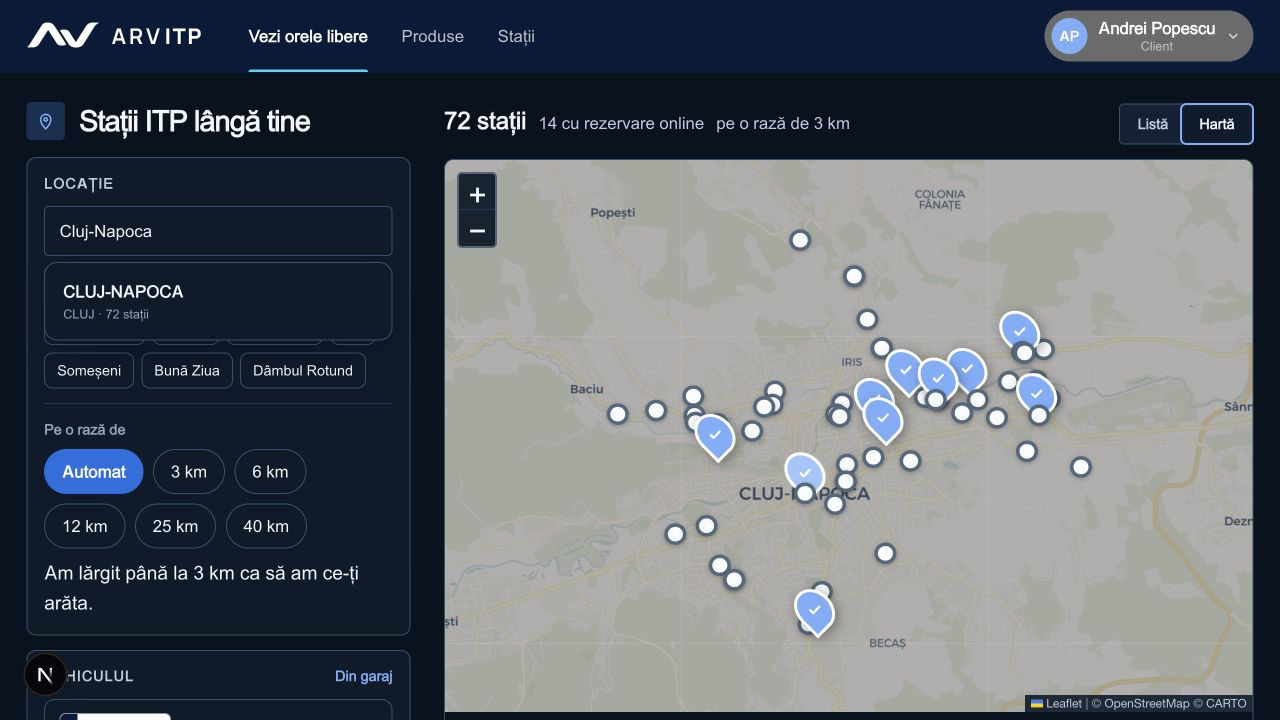 Hartă ArvITP cu stațiile ITP din Cluj-Napoca, diferențiate după disponibilitatea rezervării online